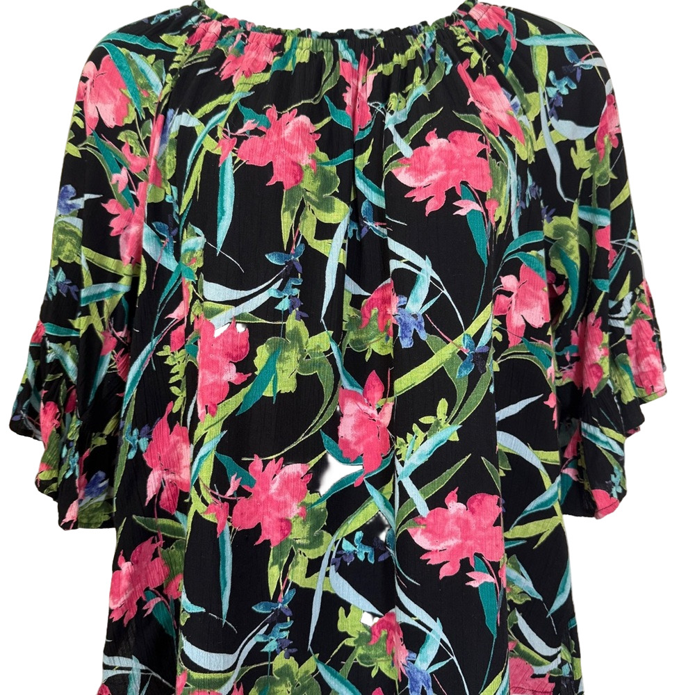 Catherines Pink and Blue Tropical Print Flutter Sleeve Blouse SKU0392